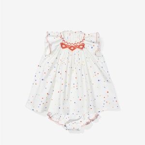 Smocked Baby Dress Oso & Me 12 month White with Orange, Yellow, Blue Dots